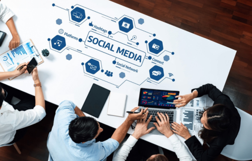 Team planning a social media strategy around a digital board – FlowerinDigital, a top digital marketing agency in Chennai.